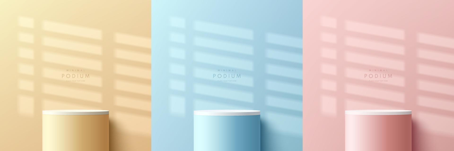 Set of pink, yellow, blue and white realistic 3d cylinder stand or podium with window shadow overlay background. Vector geometric form. Abstract minimal scene for products showcase, Promotion display.