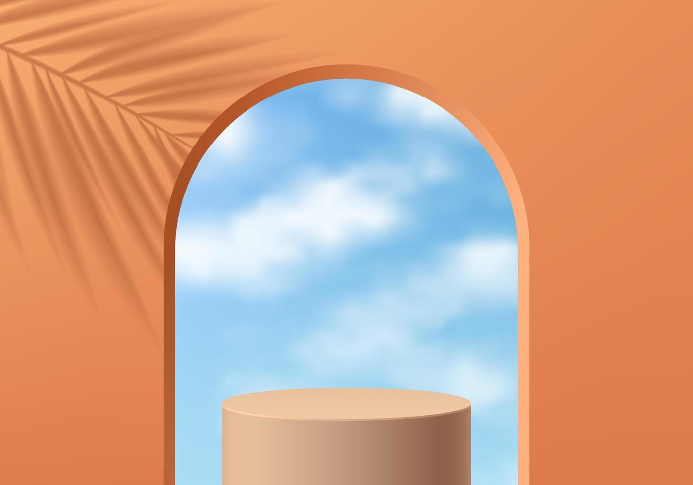 podio de soporte de cilindro naranja 3d realista con cielo azul en forma de arco, fondo de sombra de hoja. Resumen de vectores con diseño de formas geométricas. escena de pared mínima para exhibición de productos. escenario para escaparate.