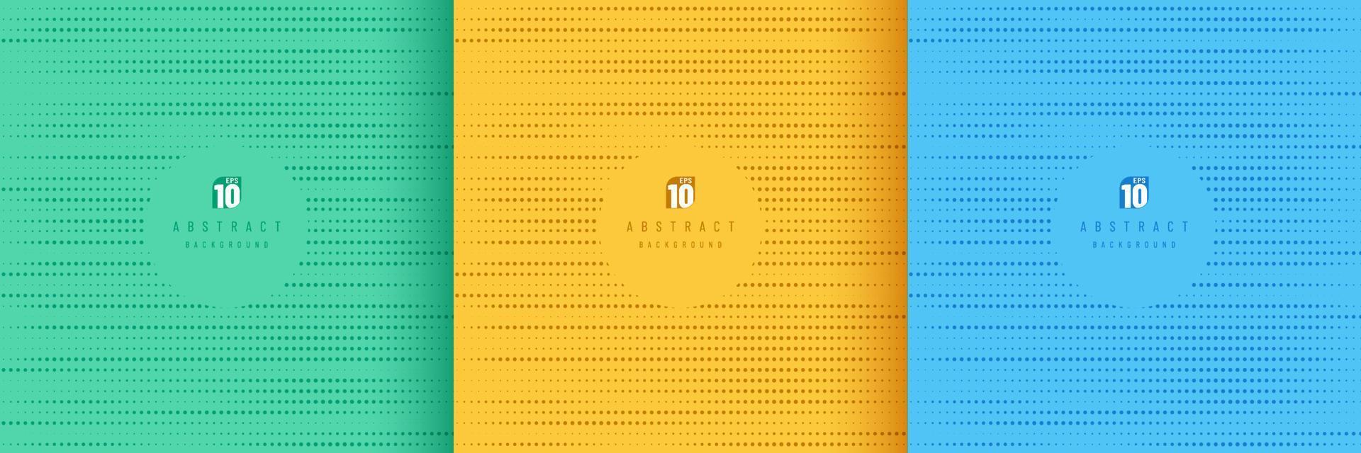Set of abstract pattern random dots halftone on yellow, green, and dark blue background. Simple flat design with copy space. Minimal and modern vector banner design. Use for cover, poster, template.