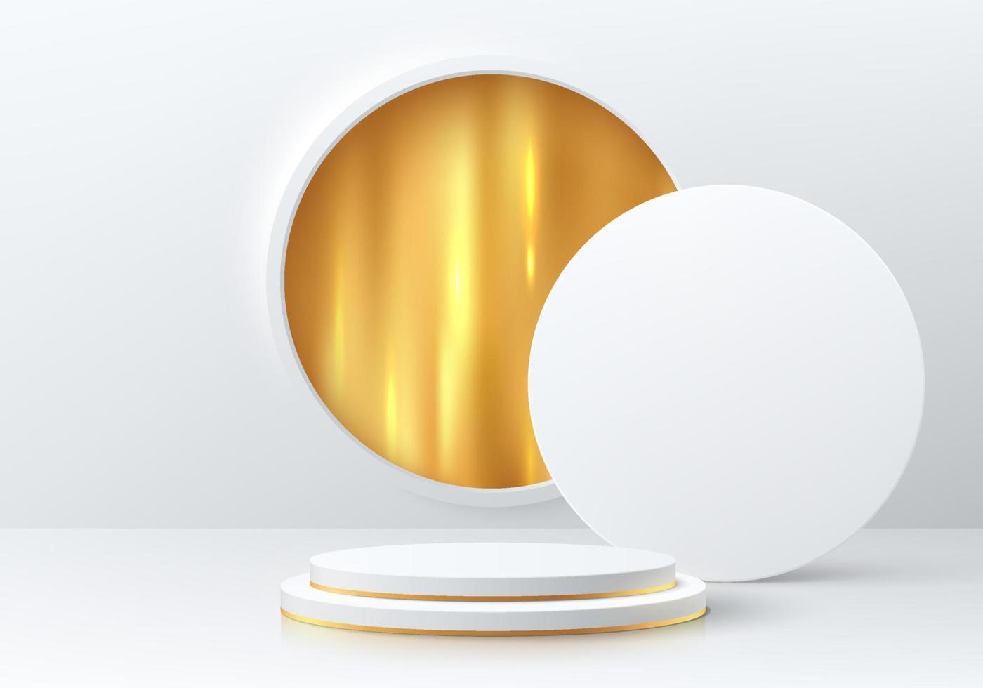 Realistic white 3D cylinder pedestal podium with golden in circle window on wall. Vector abstract background with geometric forms. Luxury minimal scene for mockup products showcase, Promotion display.