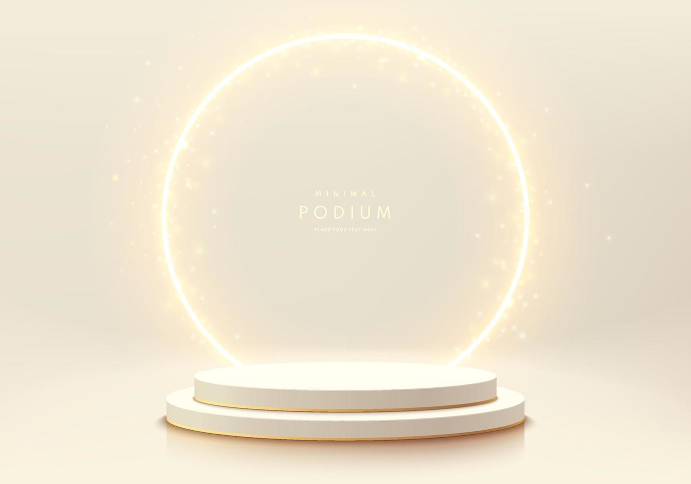Realistic cream, golden 3D cylinder pedestal podium with glowing circle neon lighting background. Abstract minimal scene for mockup products display, Futuristic stage showcase. Vector geometric forms.