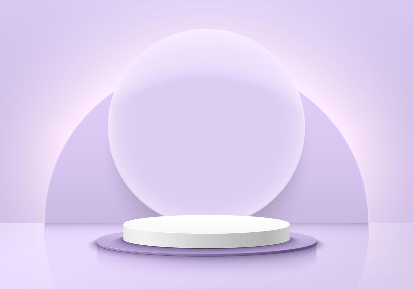 White, purple luxury geometric pedestal podium with glowing semi circle background. Vector abstract studio room with 3D platform design. Minimal scene for mockup products. Showcase, Promotion display.