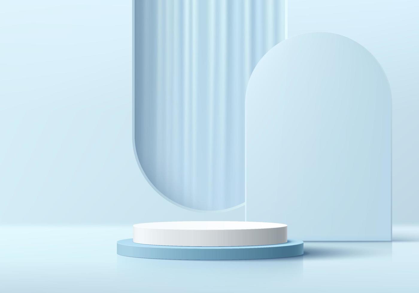 podio de pedestal de cilindro azul y blanco 3d realista con cortina azul en el fondo de la ventana en forma de arco. escena mínima abstracta para exhibición de productos, exhibición de promoción. forma geométrica vectorial. vector