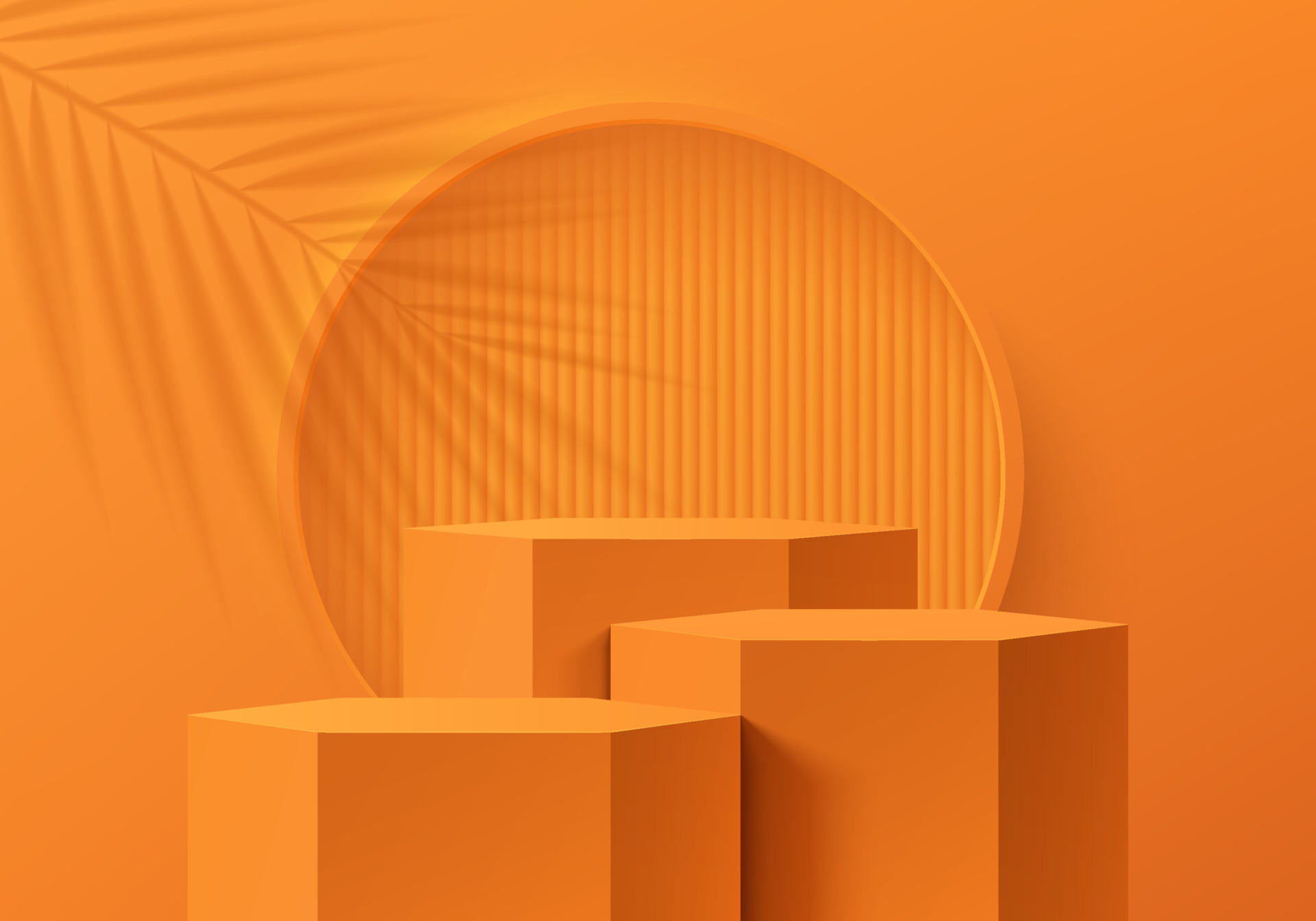Realistic orange 3D hexagon stand or podium set with vertical pattern