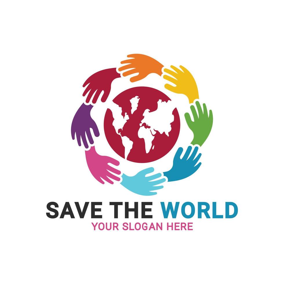 logotipo de save the world, manos humanas sosteniendo el globo, logotipo de manos de trabajo en equipo, plantilla de logotipo de manos de ayuda vector