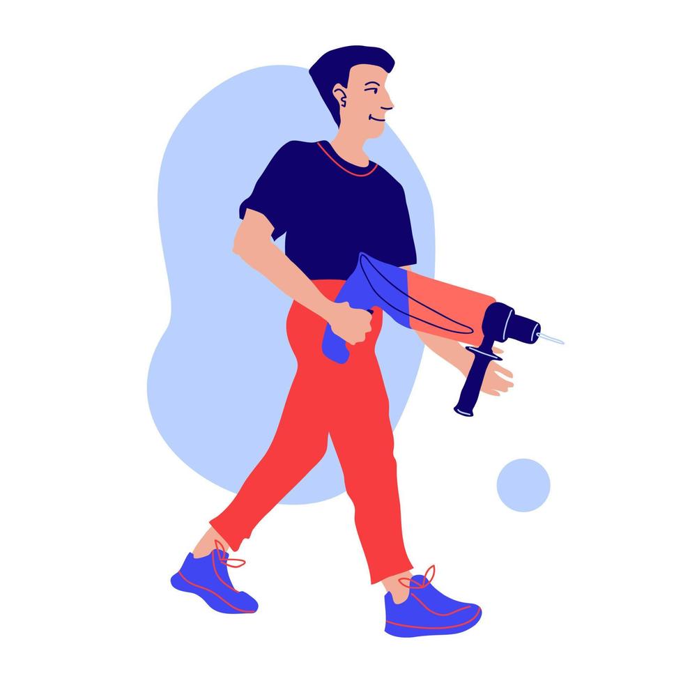 A repairman worker walks with a puncher in his hands. Doodle vector modern illustration