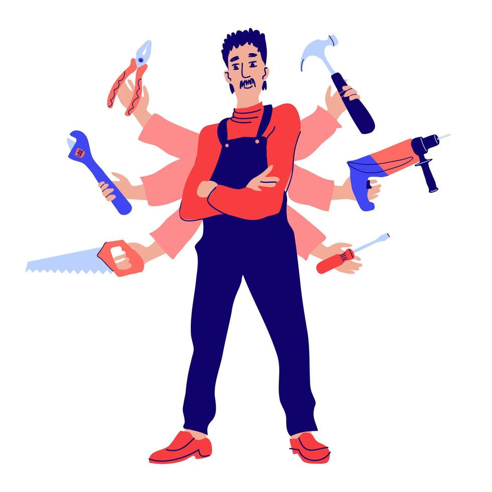 Repairman stands like shiva with a hammer in many hands, man stands arms crossed. Husband for an hour. Doodle vector high quallity illustration.
