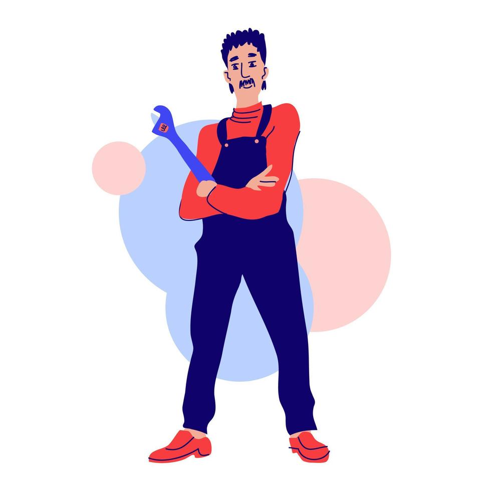 Workers guy repairman  plumber stand with wrench. Doodle modern vector clipart illustration