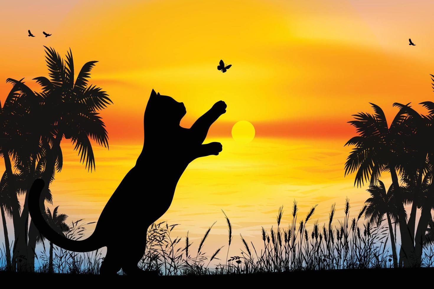 cute cat and butterfly silhouette vector