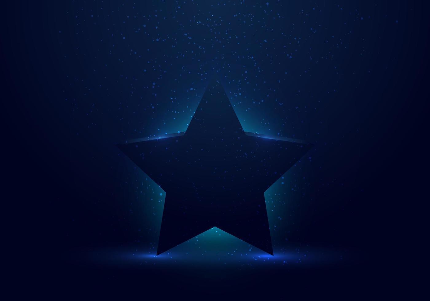 3D blue star award with glowing light on dark stage background and dust splashing vector