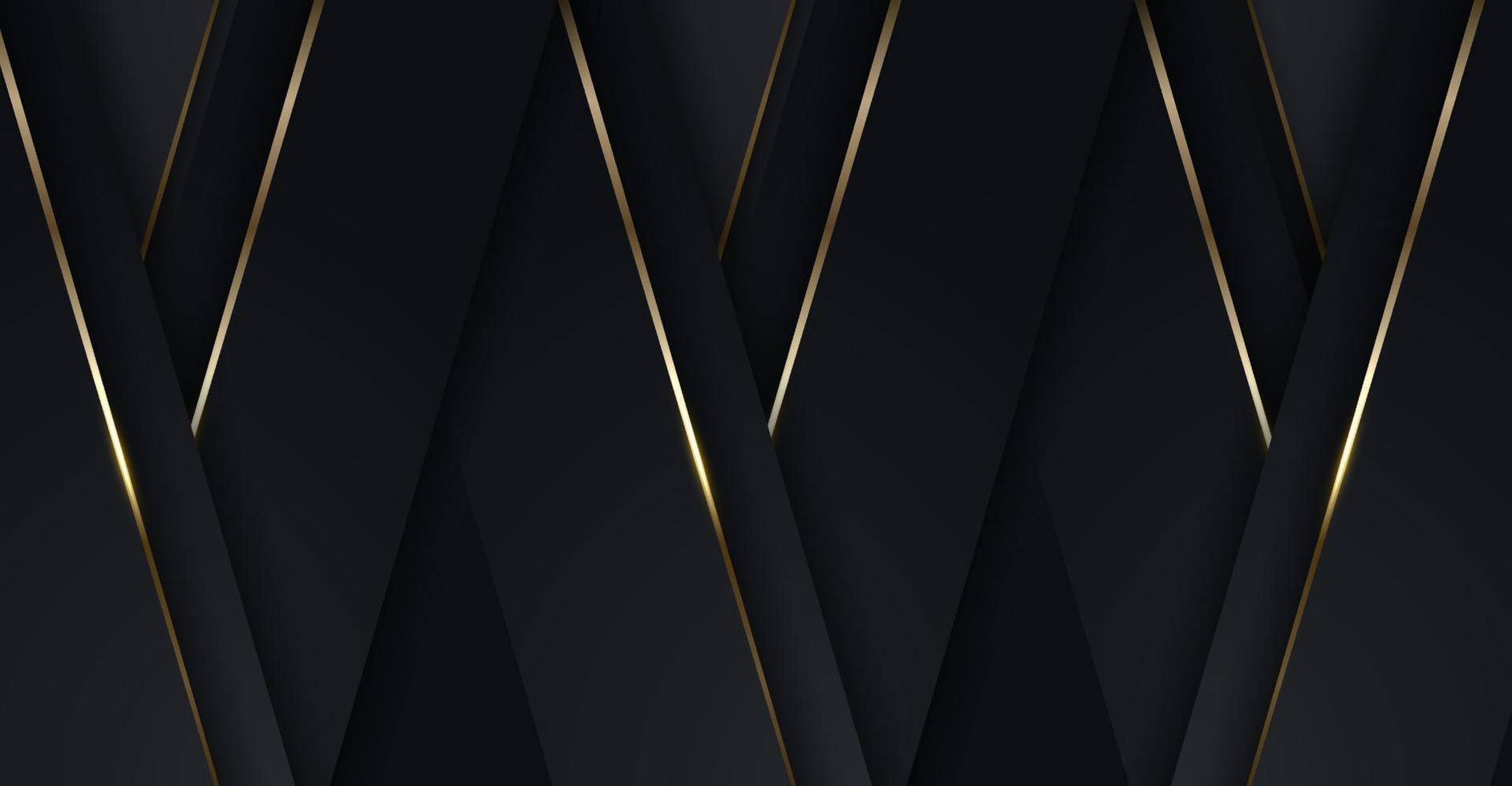 Diseño de plantilla de banner de lujo moderno 3d patrón de rayas diagonales negras con líneas doradas chispas de luz sobre fondo oscuro vector