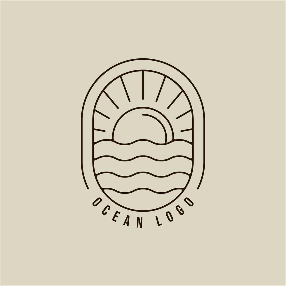 Olas oceánicas línea arte logotipo vector simple minimalista ilustración plantilla icono diseño gráfico. ola marina con signo o símbolo de puesta de sol para empresa de viajes con tipografía e insignia