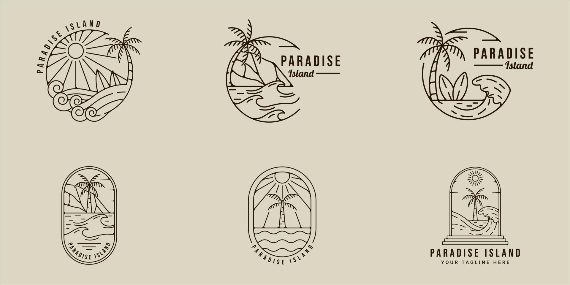 conjunto de palmera logo línea arte vector simple minimalista ilustración plantilla icono diseño gráfico. colección de paquetes de varios signos o símbolos de islas y playas para viajes de aventura al aire libre