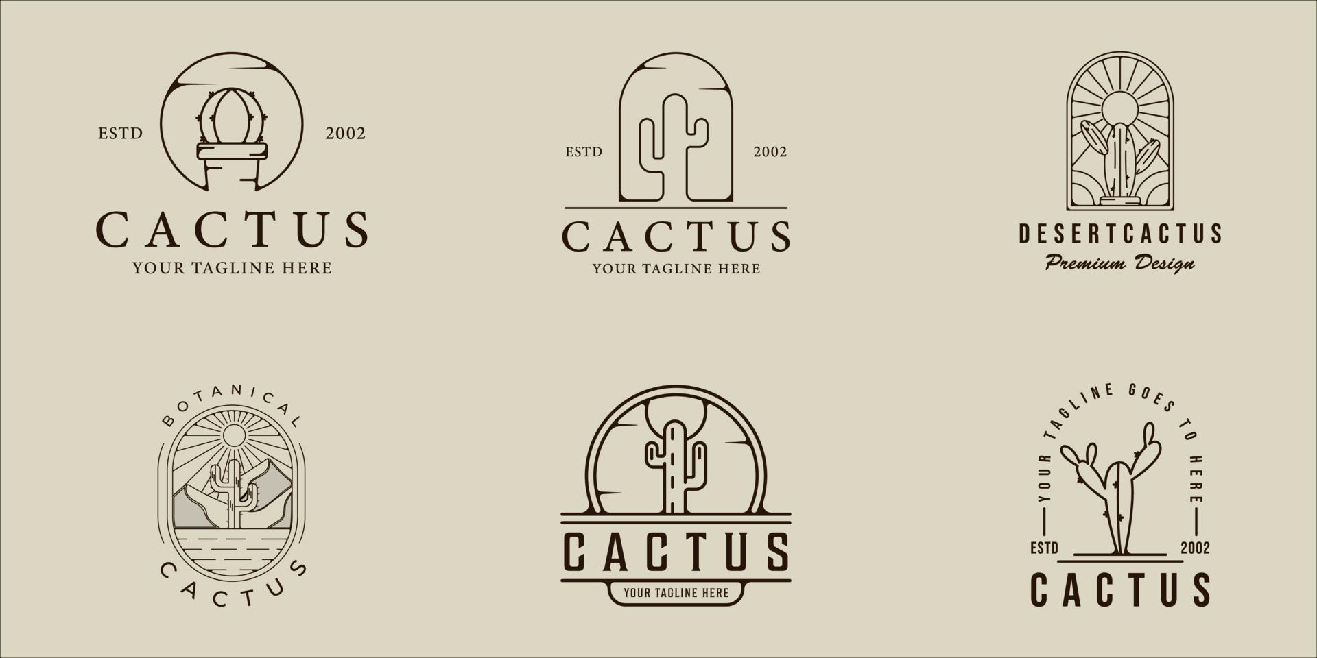 conjunto de cactus line art logo vector simple minimalista ilustración plantilla icono diseño gráfico. colección de paquetes de varios botánicos en el entorno de signos o símbolos del desierto con tipografía de placa