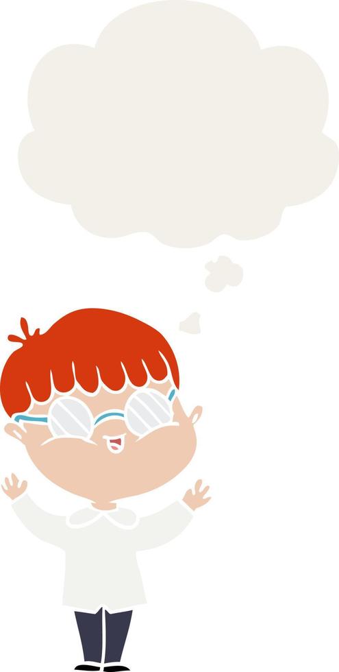 niño de dibujos animados con gafas y burbuja de pensamiento en estilo retro vector