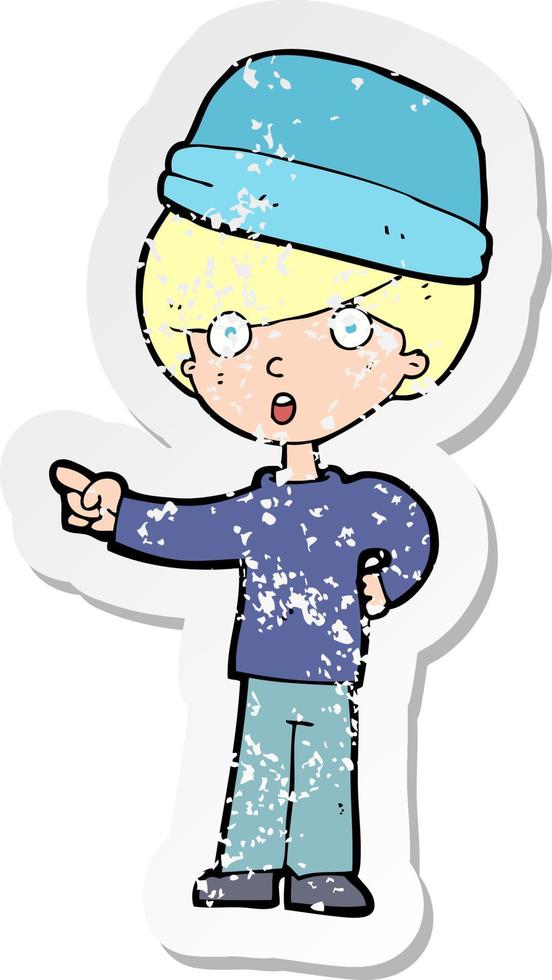retro distressed sticker of a cartoon pointing man vector