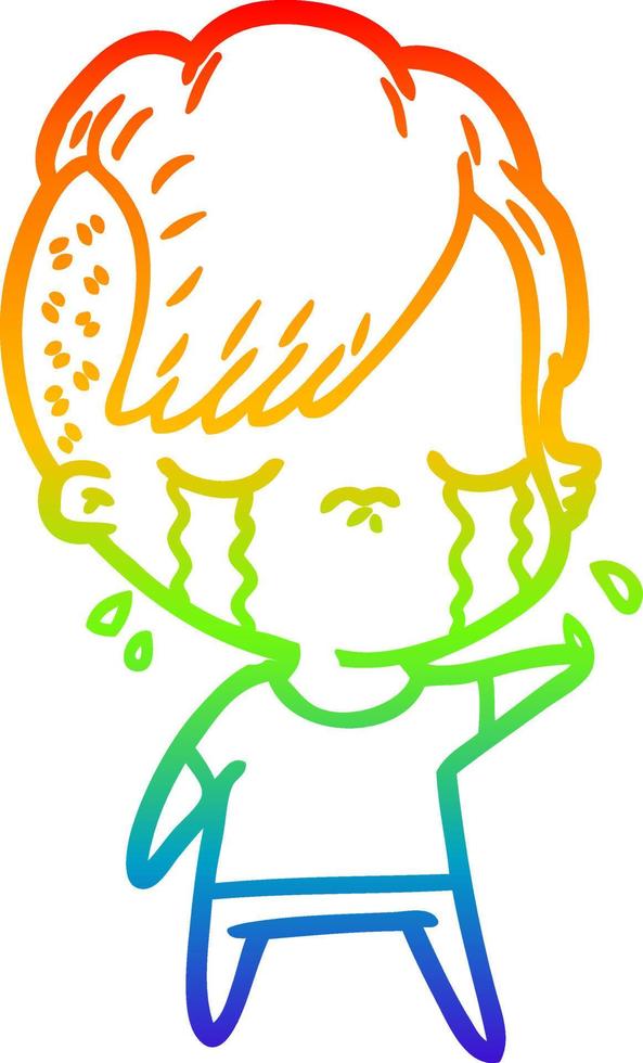 rainbow gradient line drawing cartoon crying girl vector