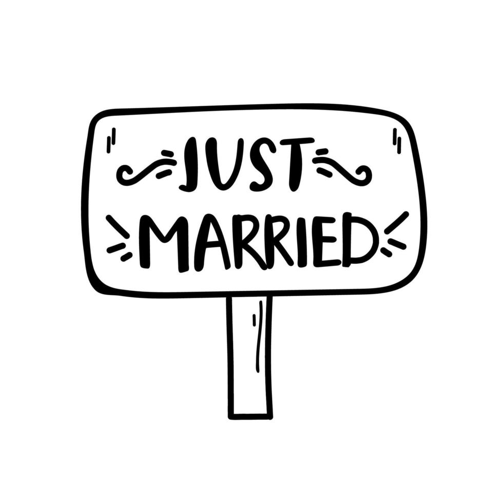 Just married hand lettering with hearts background for wedding cards and invitation. Vector illustration.