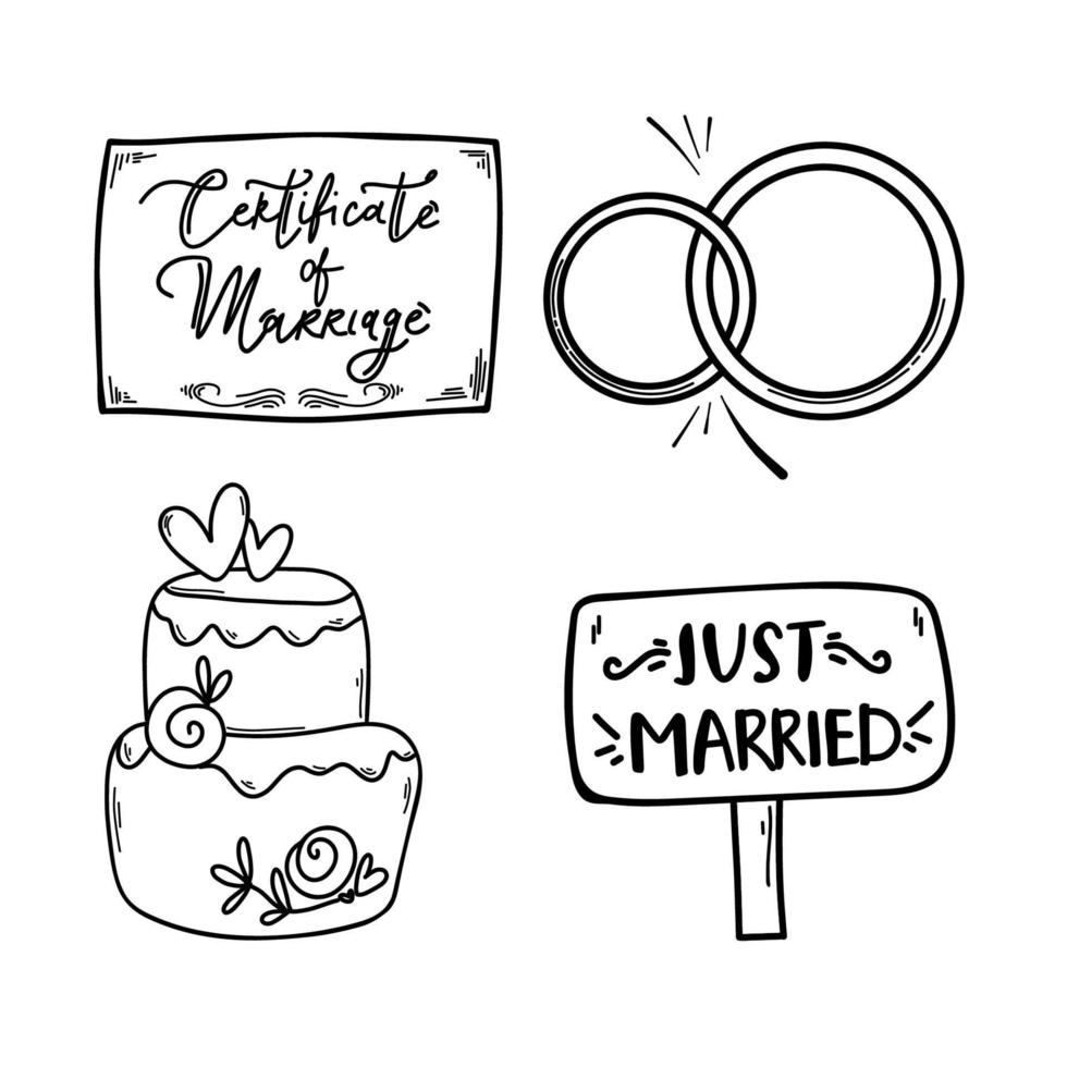 set of man putting engagement ring on woman hand, outdoor. cake, rings, marriage certificate marriage proposal. doodle Graphic vector illustration. Line art, Sketch. Wedding ring.