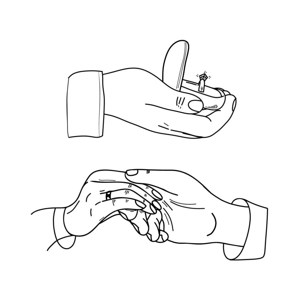 conjunto de hombre poniendo anillo de compromiso en mano de mujer, al aire libre. propuesta de matrimonio. ilustración de vector gráfico de garabato. arte lineal, boceto. anillo de bodas. dibujar a mano ilustración vectorial. ilustración vectorial