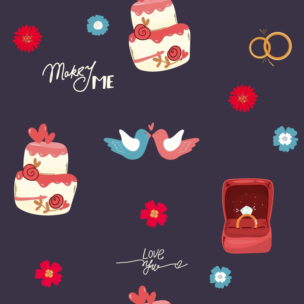 Vector set of design templates and elements for Wedding in trendy. Seamless patterns with icons related to Wedding ring, cake, engagement doves , flowers Vector. Vector illustration