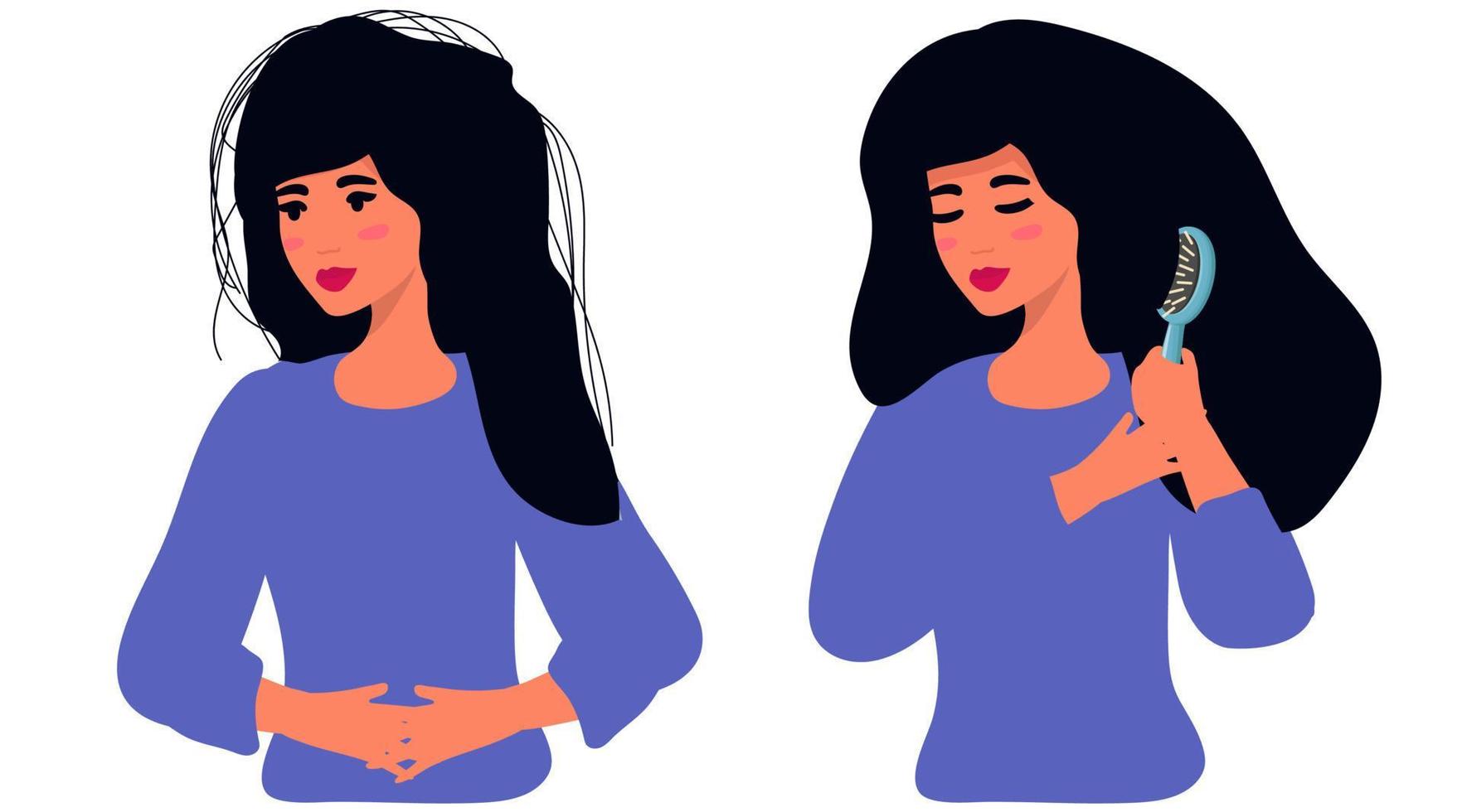 the girl's uncombed hair. Hair care problem. Before and after Colored element sign from beauty salon collection. Flat Hair Drying icon sign for web design, infographics vector