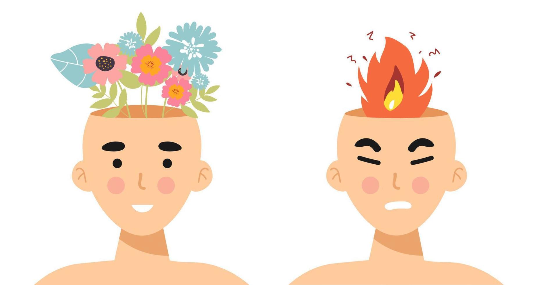 Angry calm man or woman. Head with fire Vector illustration of anger, fury, annoyance. Anger, stressed Burnout, stress, emotional problem abstract concept. Burning brain. flame. flat