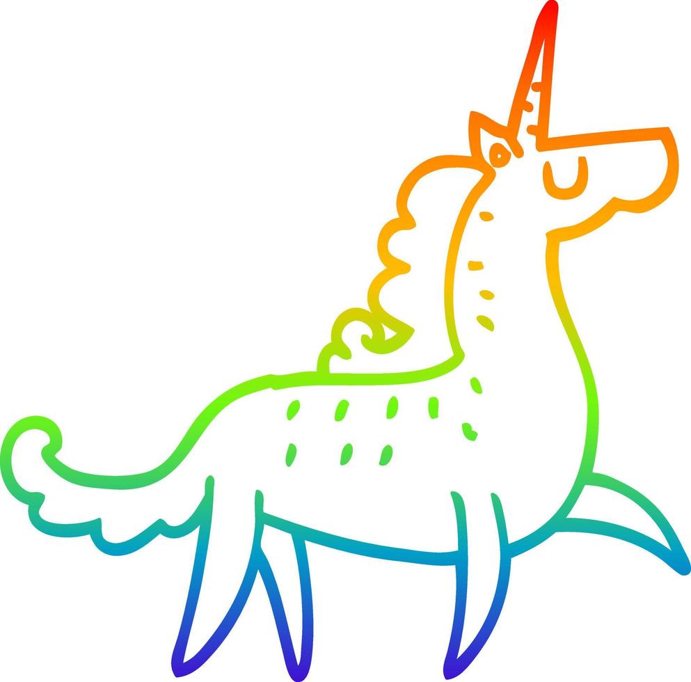unicornio de dibujos animados de dibujo de línea de gradiente de arco iris vector