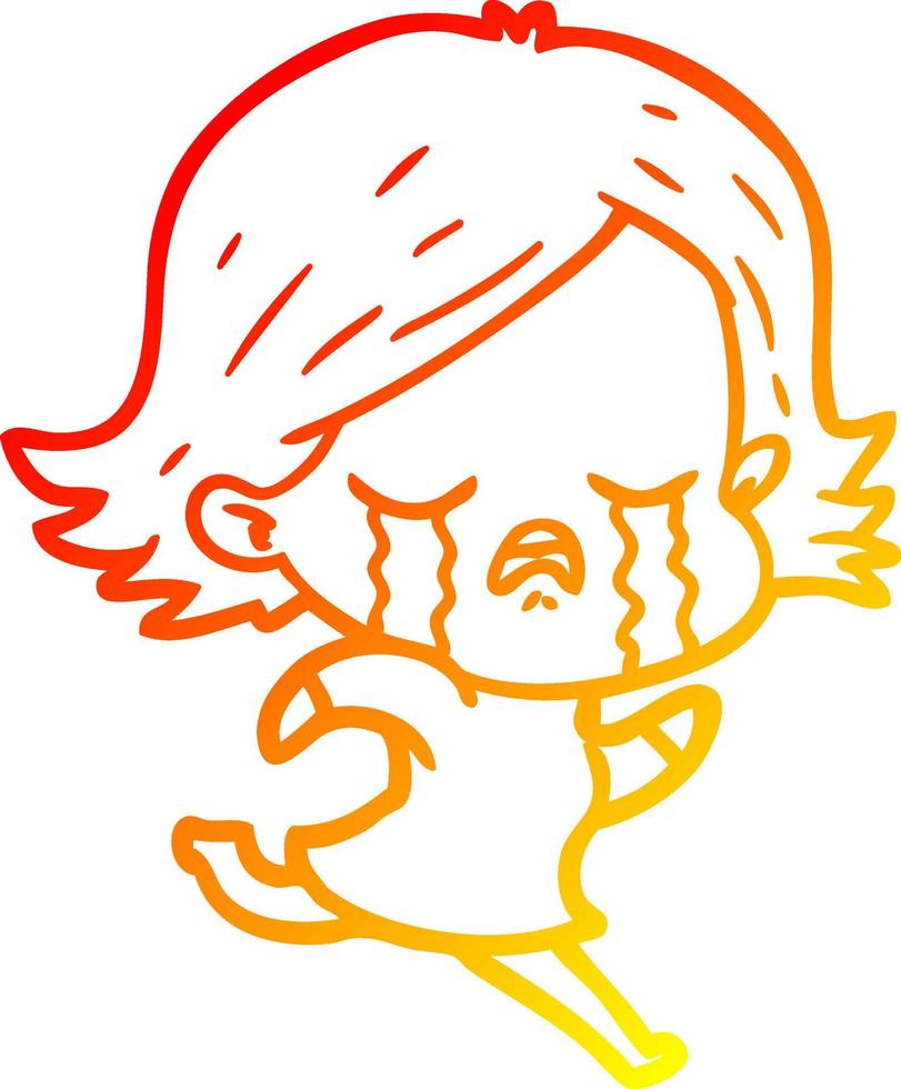 warm gradient line drawing cartoon girl crying whilst running vector