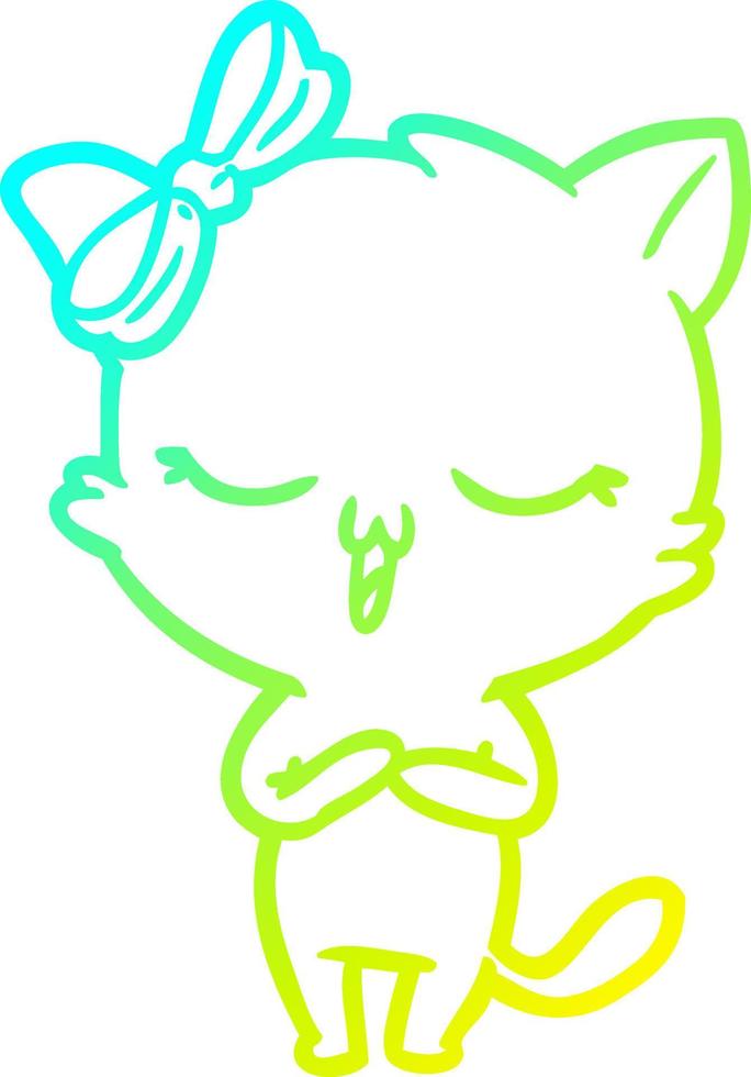 cold gradient line drawing cartoon cat with bow on head vector