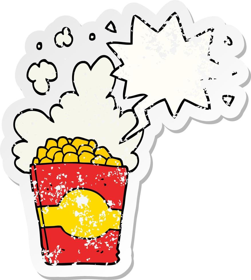 cartoon popcorn and speech bubble distressed sticker vector