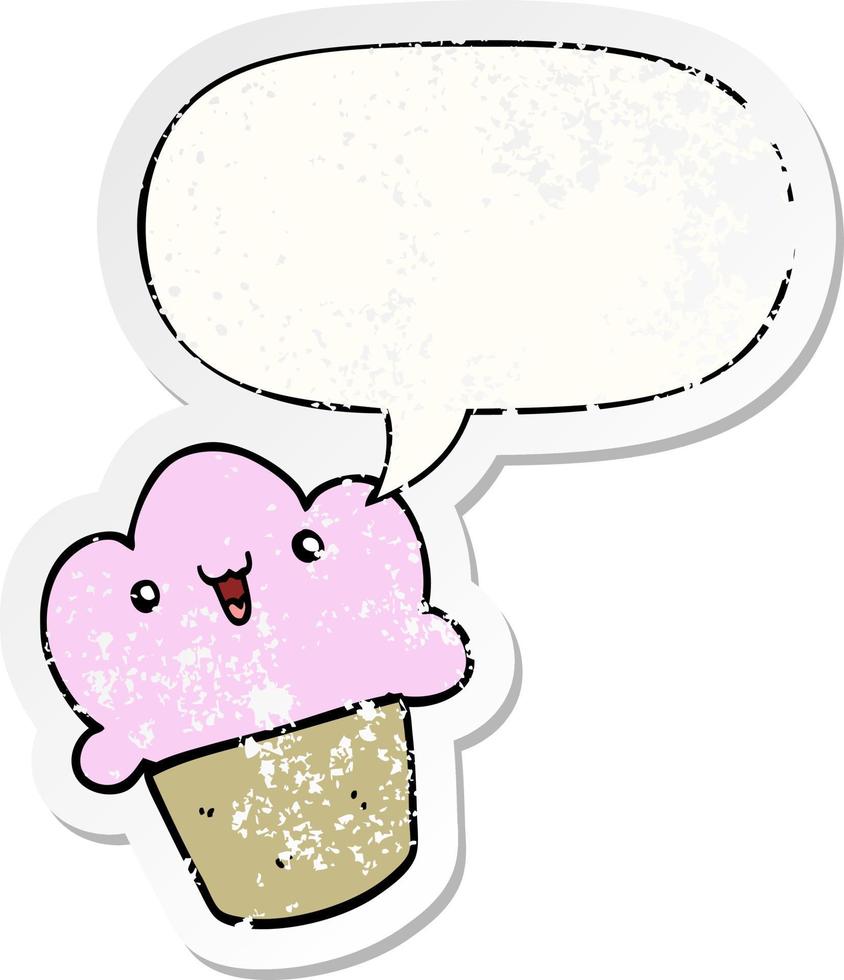 cartoon cupcake and face and speech bubble distressed sticker vector