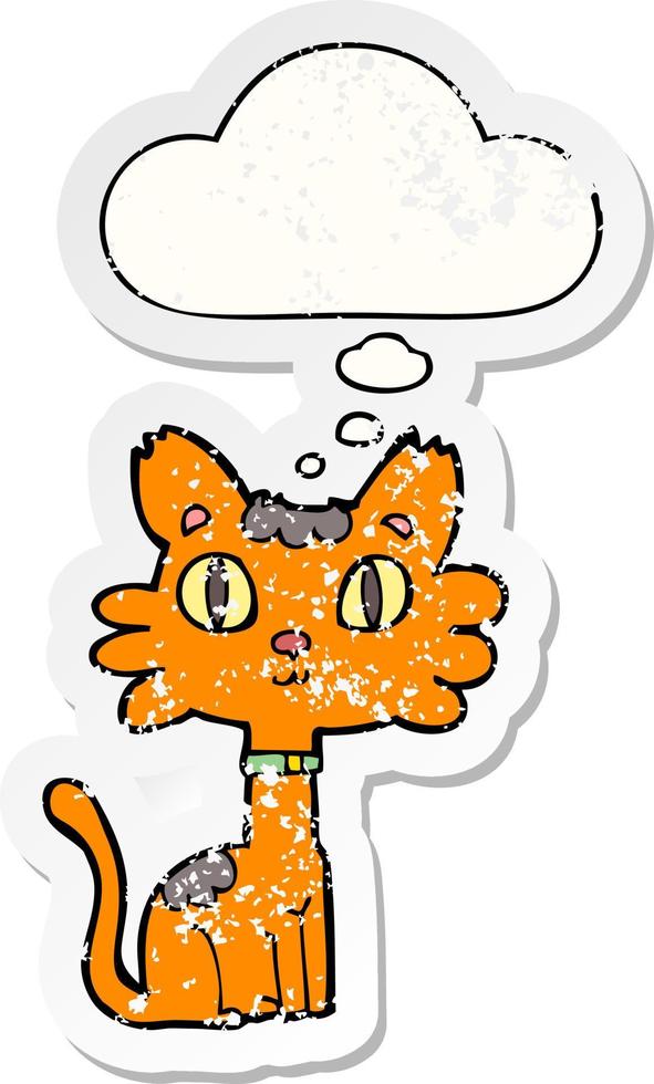 cartoon cat and thought bubble as a distressed worn sticker vector