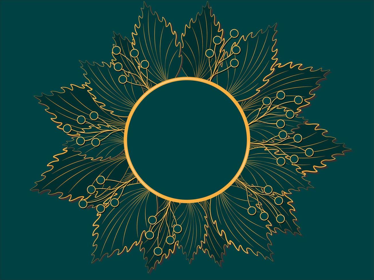 Golden mockup contoured leaves and berries on dark turquoise background vector illustration