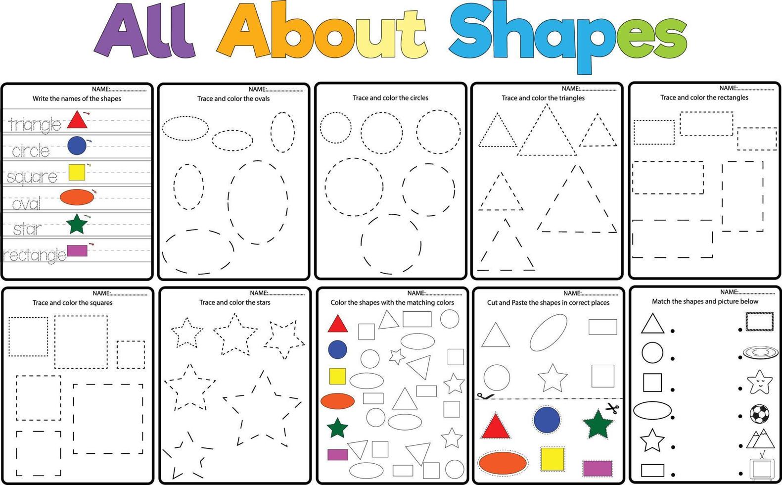 All About Shapes Trace and color the geometric shapes, worksheet for kids, Fine Motor Skills Activity. vector