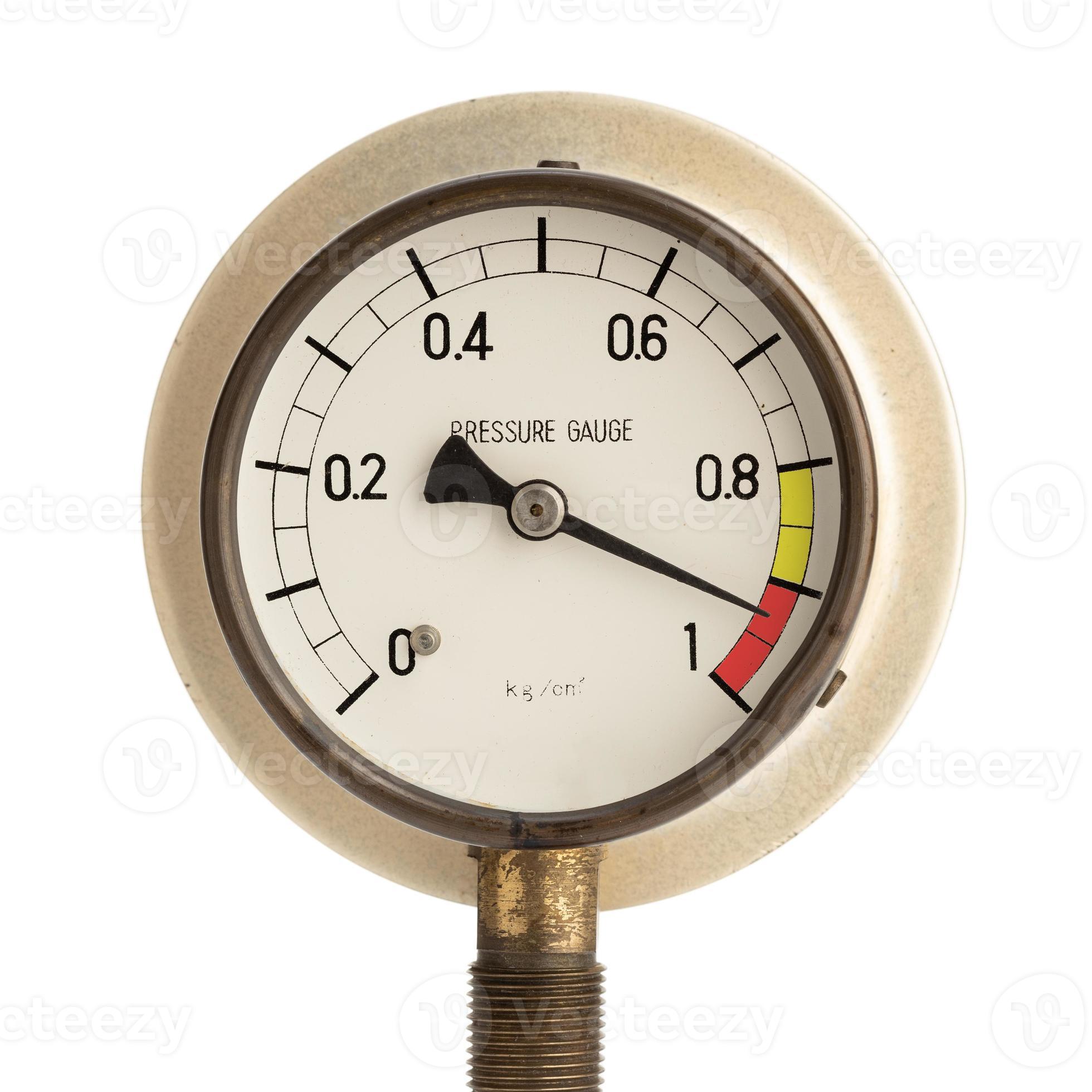 Pressure gauge marking high readings isolated on white background. High
