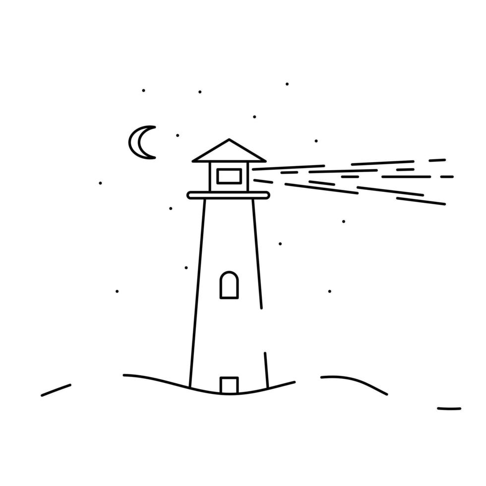 Lighthouse at night icon in the middle of the calm sea with moon and stars in the sky for web designs. vector