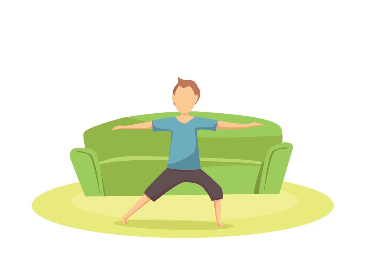 Happy healthy young man practices yoga in the living room. Vector cartoon illustration. Sports activity, workout, exercise, fitness, indoors, meditation, lifestyle, stay at home concept.