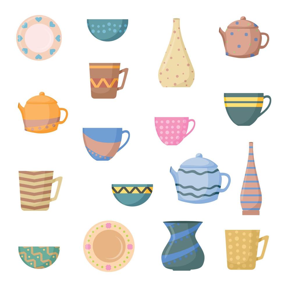 Large set of ceramic pasudas - cups, bowls and teapots, vases, plates.Vector illustration in cartoon style. vector