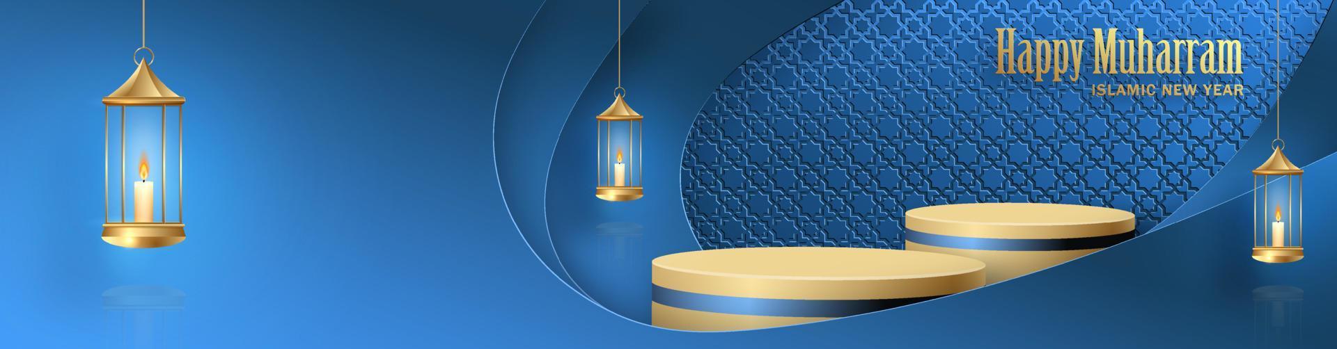 Islamic 3d podium round stage with gold pattern for Muharram, the Islamic New Year vector