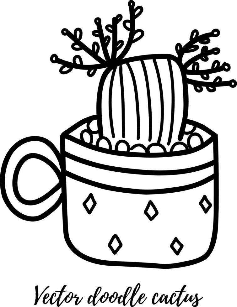 Vector doodle cactus illustration. Black line art house plant in a pot. Great for different kind of designs and backgrounds