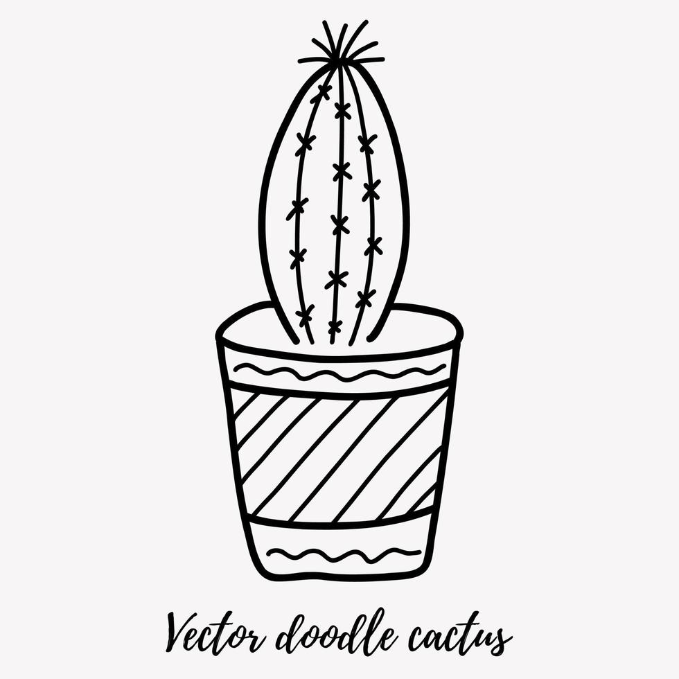 Vector doodle cactus illustration. Black line art house plant in a pot. Great for different kind of designs and backgrounds