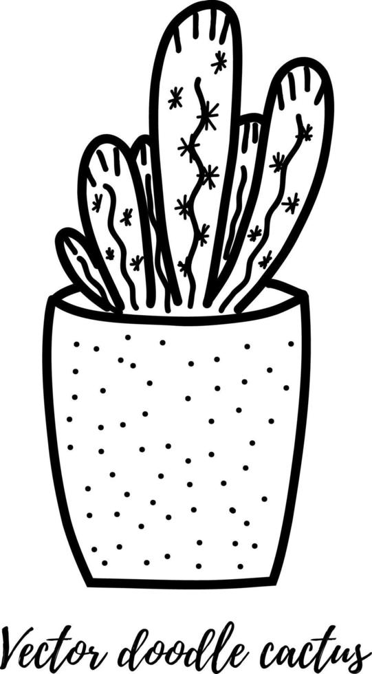 Vector doodle cactus illustration. Black line art house plant in a pot. Great for different kind of designs and backgrounds