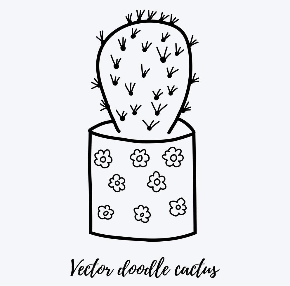 Vector doodle cactus illustration. Black line art house plant in a pot. Great for different kind of designs and backgrounds