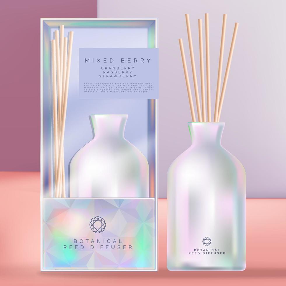Vector Holographic or Iridescent Ceramic Reed Diffuser with Holographic Packaging Box and Acetate Sleeve. Geometric Crystal Theme.
