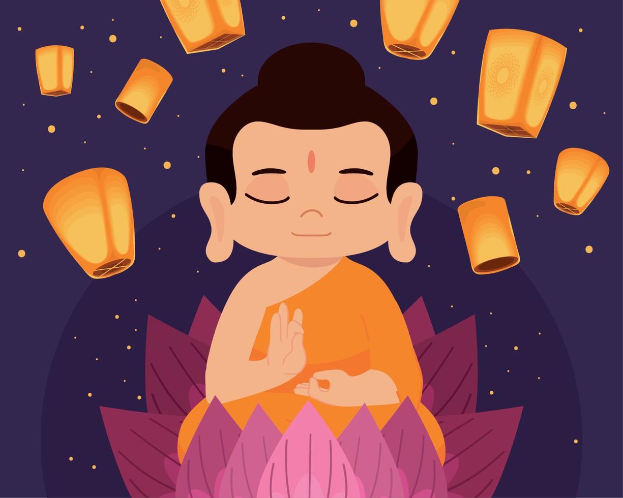 cute buddha and lanterns vector