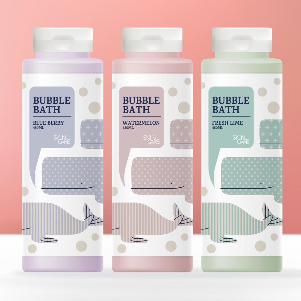 Vector Kid and Baby Health or Body Care Shampoo, Conditioner, Soap, Cream or Bubble Bath Semi Transparent Bottle with White Flip Cap.