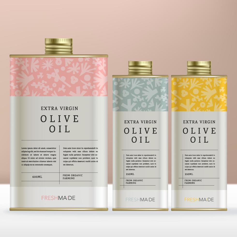 Vector Rectangular Tin Box or Bottle Packaging for Olive Oil Products with Minimal Floral Pattern.