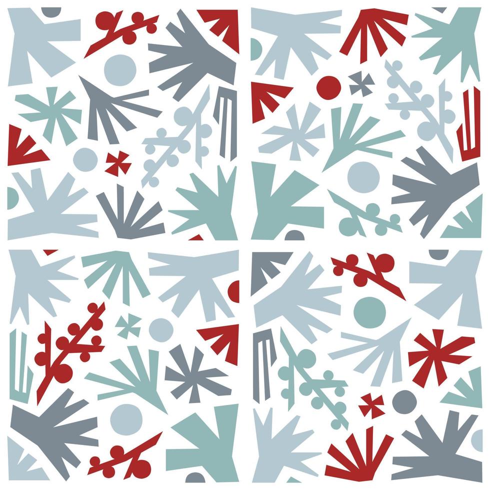 Vector Festive Abstract Woods, Leaves, Berries and Trees Seamless Pattern in Blue, Gray and Red.