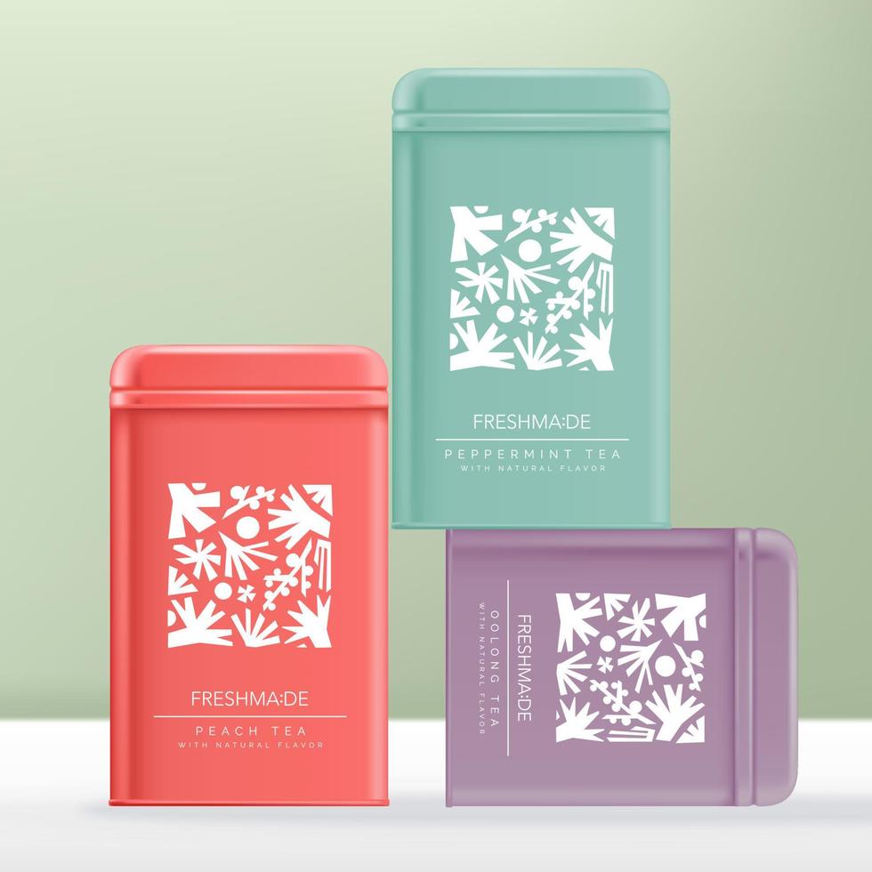 Vector Tea Product Steel, Aluminum or Tin Can Packaging in Pink, Violet and Peppermint Colors with Abstract Print.